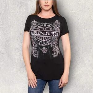 Harley‑Davidson Womens Large Devils Fume Embellished Mesh Back Tee Black
